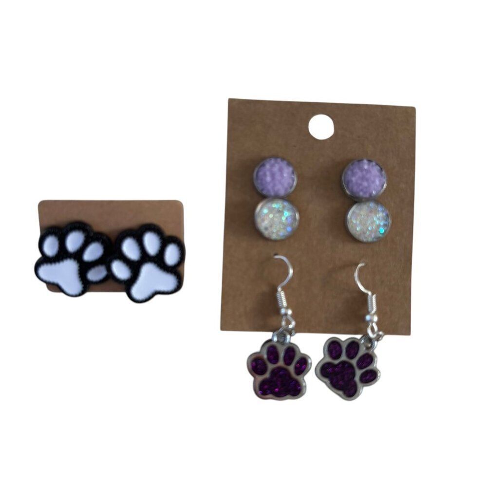 Paw Print Earrings Set With Purple & White Studs & Dangle Glitter